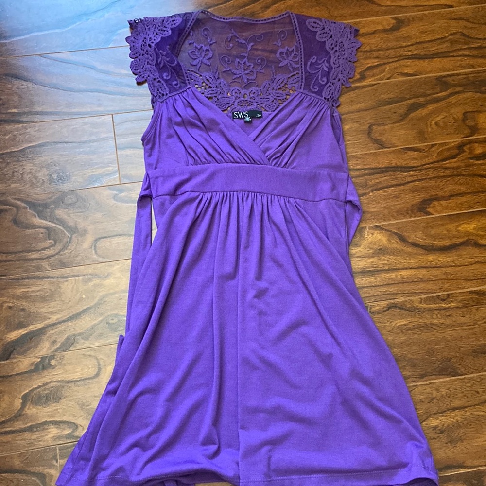 Purple crochet/mesh detail short dress in size S